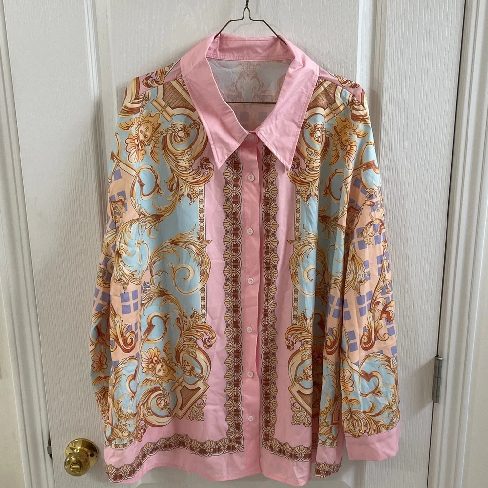 Elegant Pink and Gold Women's Shirt and Pants - Picture 2 of 7